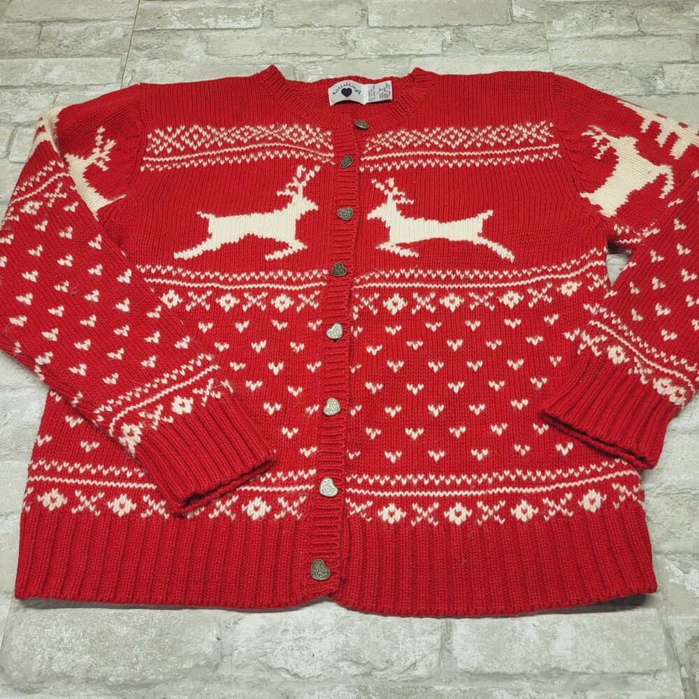Womens Christmas Cardigan Sweater L Red White  Reindeer Hartstrings Vintage